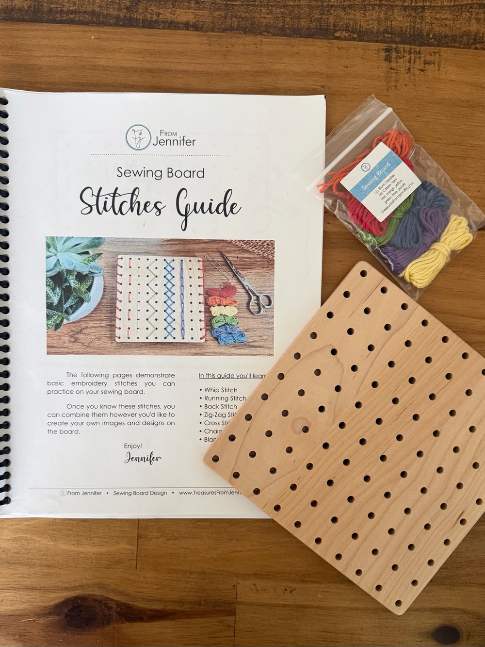 Kids Sewing Board Kit in Natural Wood with Multi-Color Embroidery Floss